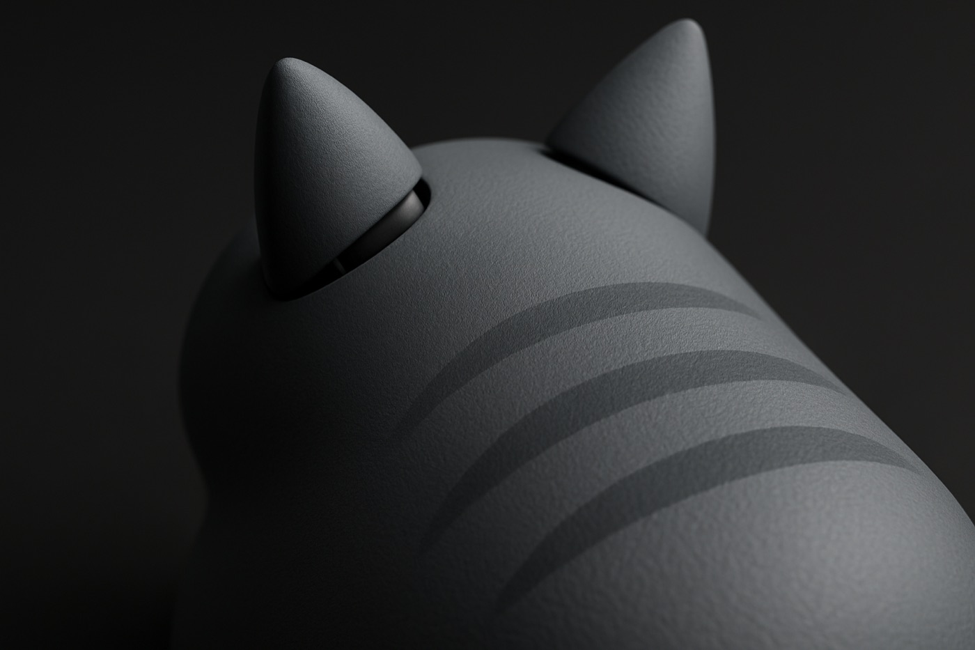 Macro of the Ash colorway: grey matte shell, ear pivot and debossed stripes