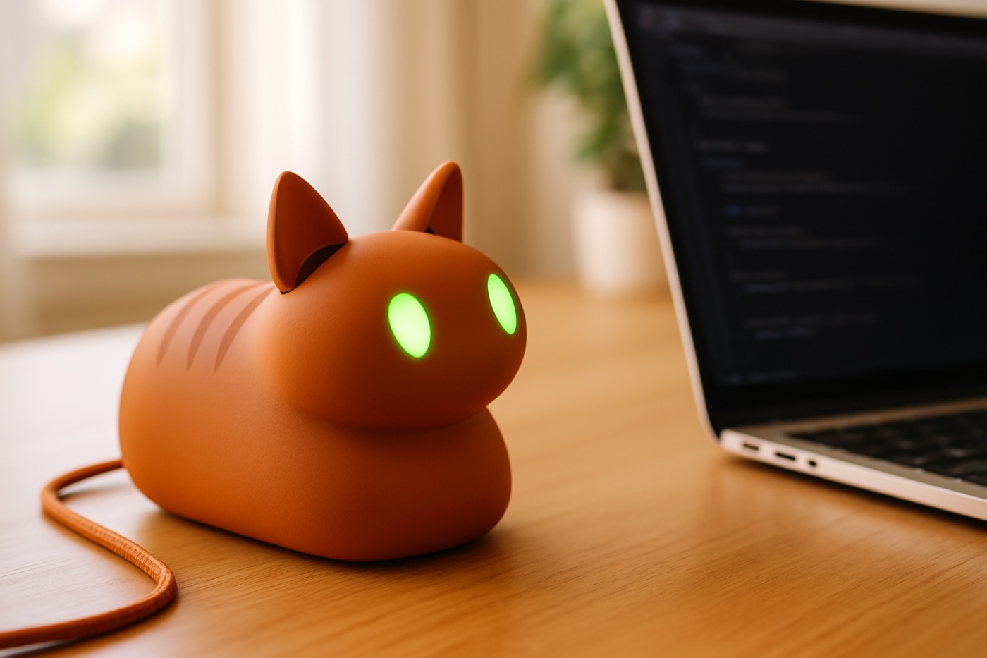 FRIGG Loaf on a wooden desk beside a MacBook running a terminal, head turned up