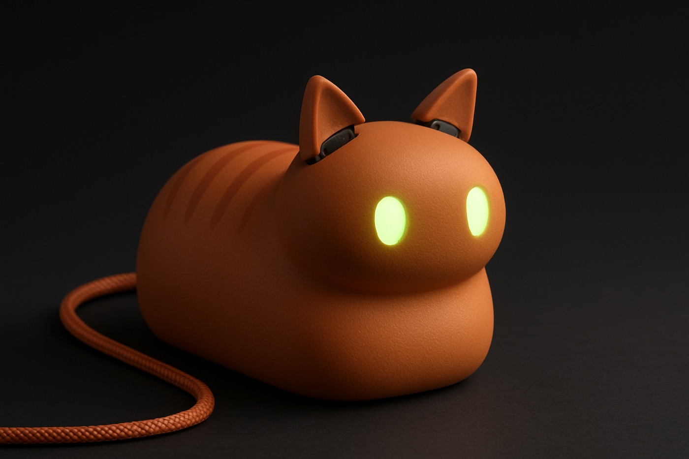 FRIGG Loaf in Tabby: a matte terracotta cat in a loaf pose, ears perked, lime eyes glowing, USB-C cable trailing like a tail